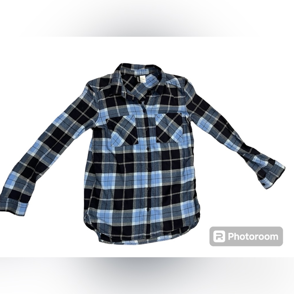 Divided H&M Womens Flannel Shirt 100% Cotton Button Up Plaid Pocket Blue Size 2‎